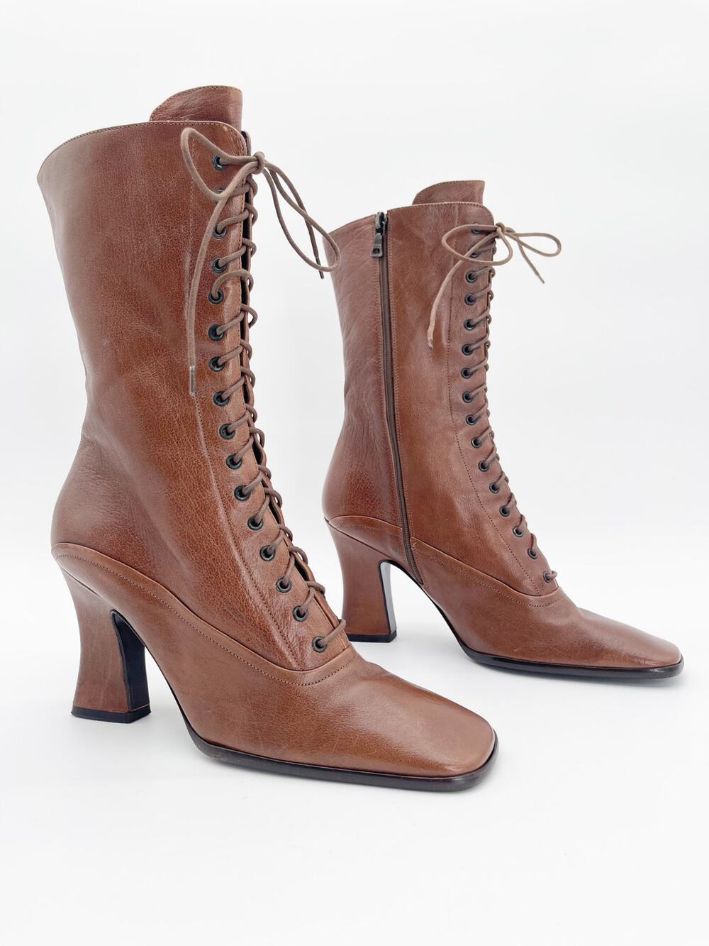 Prada F/W 2001 Runway Cognac Leather Lace Up Mid Calf Victorian Boots IT 39.5